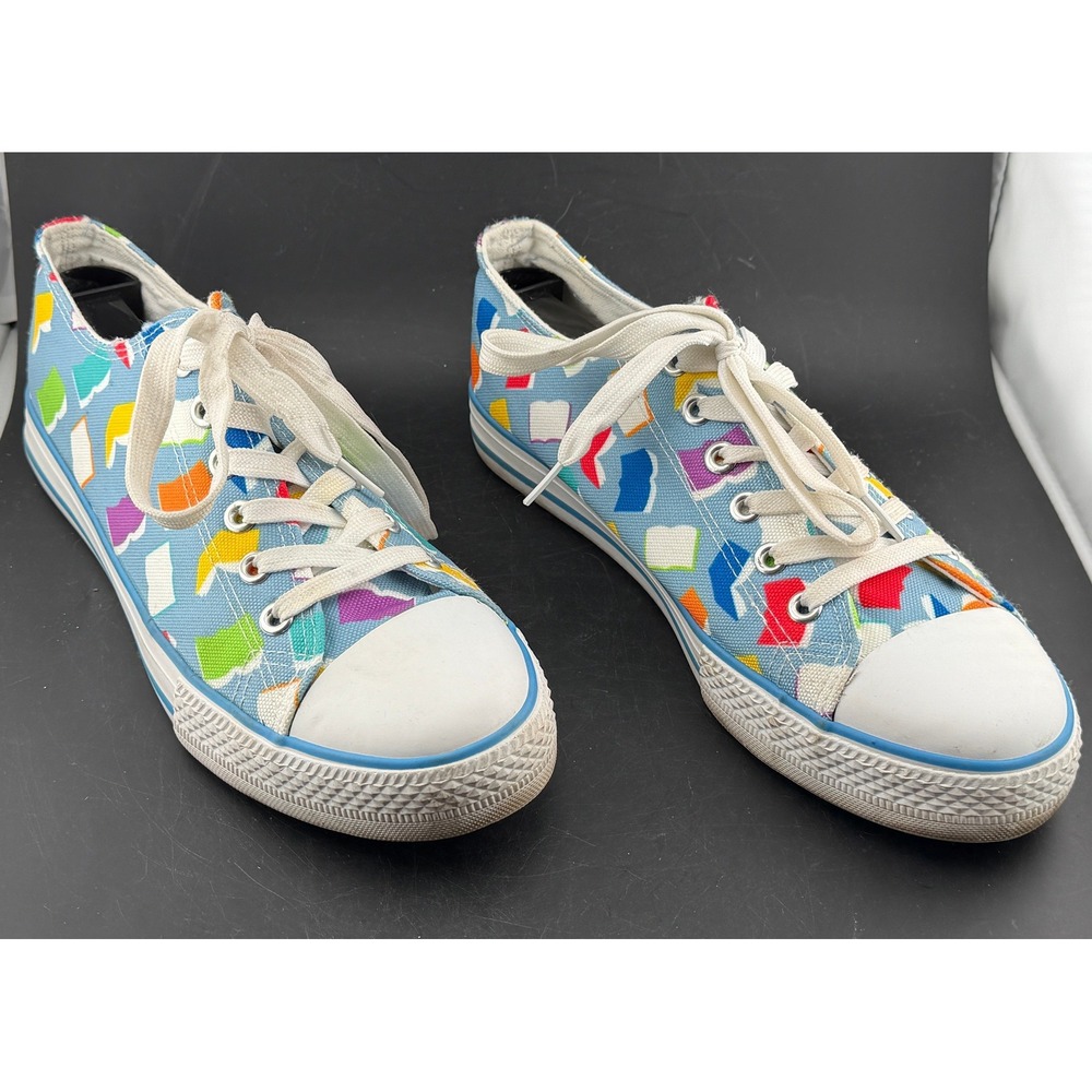 Blue Canvas Book Print Low Top Sneakers-Lace Up, RN 106740, Womens Size 9